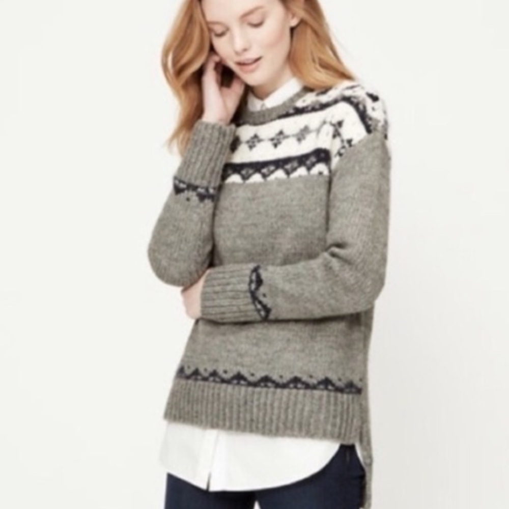 Loft Mohair Fair Isle Gray White Hand Knit Style Oversized Sweater Size XL